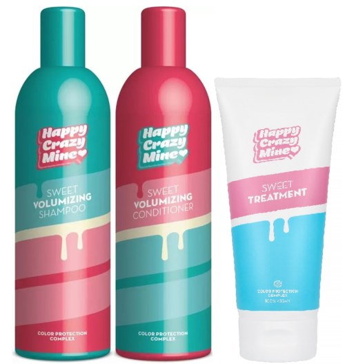 Tre hårpleieprodukter med blå, rosa og hvite pakker og fargerike etiketter i lyse farger.
