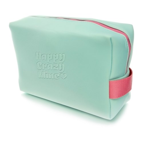 En lys grøn taske med pink detaljer og lynlås, mærket "Happy Crazy Mines."