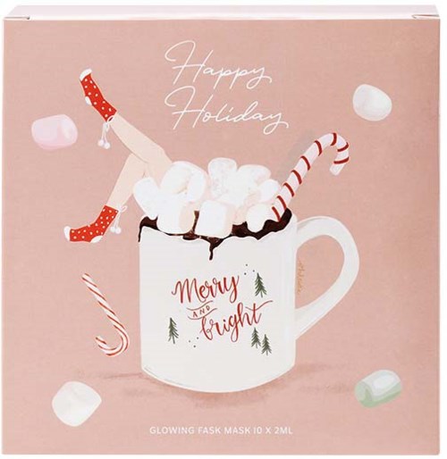 En rosa eske viser en festlig kopp fylt med marshmallows, pepperkaker og sokker. Den har teksten "Happy Holiday" og "Merry and Bright."