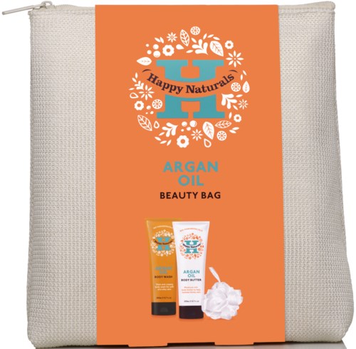 En beige väska innehåller två tuber med arganoljeprodukter och en gräddklick. Gul-orange etikett med blommor och blad.