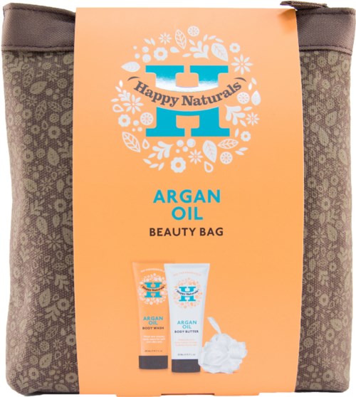 En grå väska med blommönster håller en etikett med märket Happy Naturals och Argon Oil, inklusive kroppsvål och kroppssmörjning.