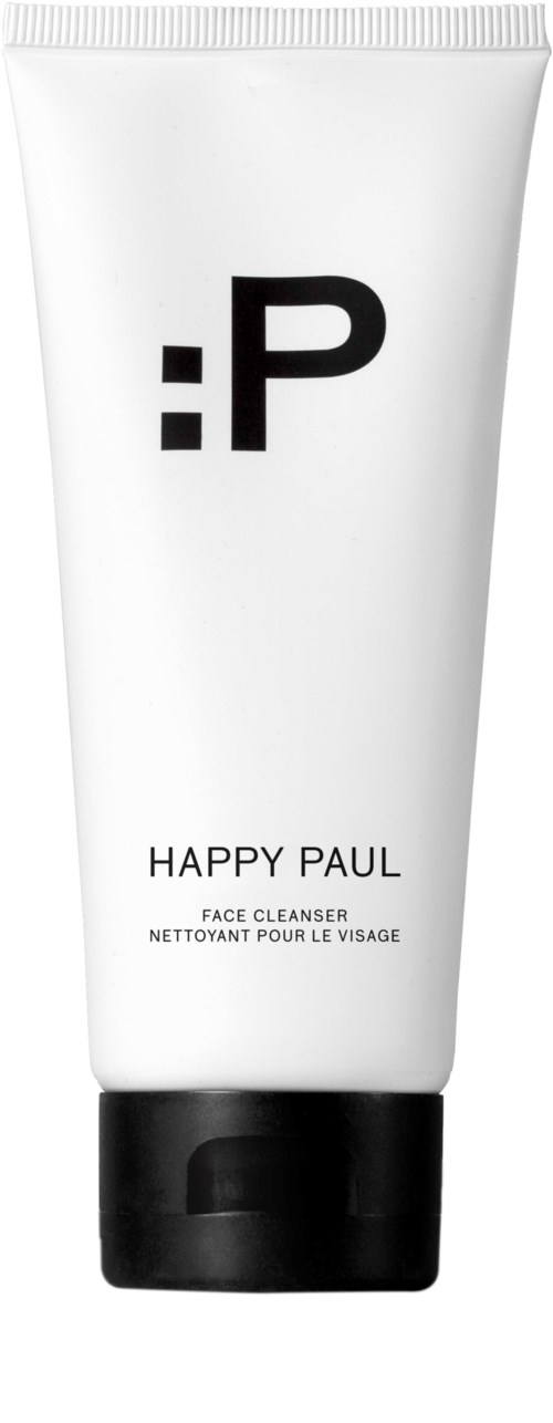 Valkoinen putki mustalla tekstillä ja mustalla kannella, nimeltä Happy Paul Face Cleanser.