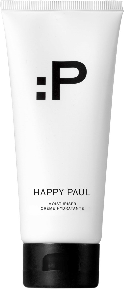 En vit tub med svart lock och logotyp, märkt 'HAPPY PAUL' och 'fuktighetskräm' i enkel font.