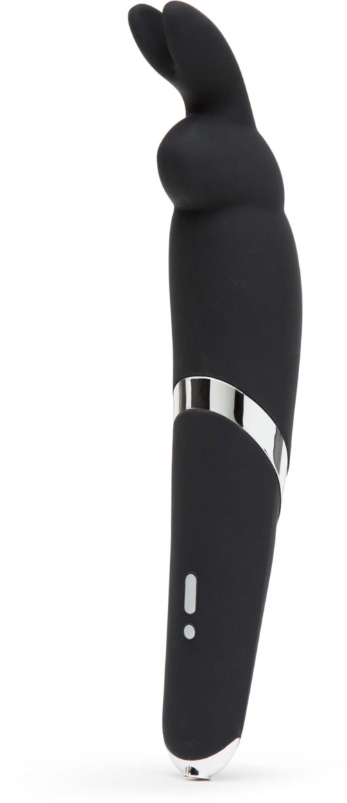 Een zwarte, gebogen massager met ribbelige en gladde onderdelen, heeft een kleine bedieningsknop onderaan.