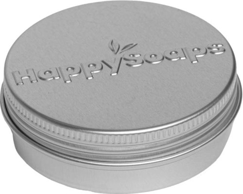 Ein runder silberner Behälter mit Deckel, graviert mit "happy soap" und einem kleinen Blattdesign.