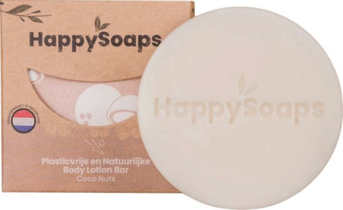 A round, white soap with 'HappySoaps' logo, and the packaging shows it is a natural body lotion bar with coconut nuts.