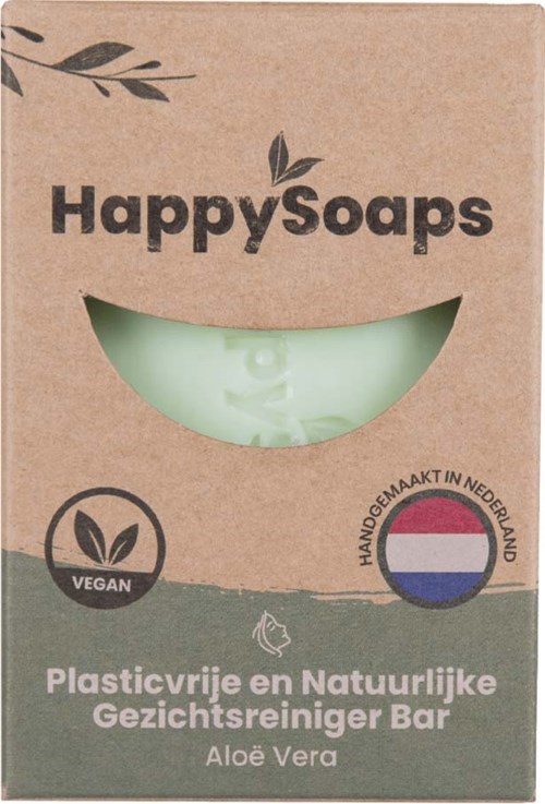 Pakkaus Happy Soaps, aloe vera, luonnollinen, vegaaninen kasvojenpuhdistustikku, käsintehty Alankomaissa, ympäristöystävällinen pakkaus.