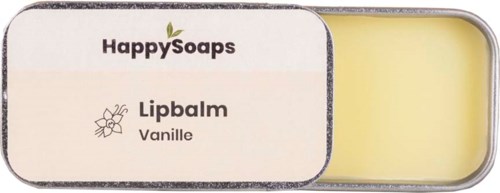 En dåse med HappySoaps vanilje læbepomade med enkel etikett og gul balm indeni.