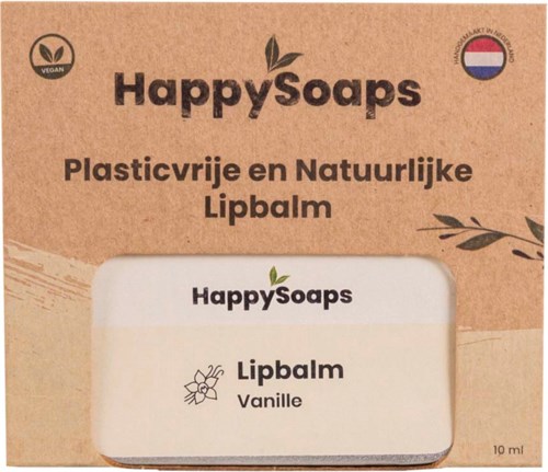 En læbepomade kaldet HappySoaps, vegansk, naturlig, vaniljesmag, i en papkasse med et lille vindue.