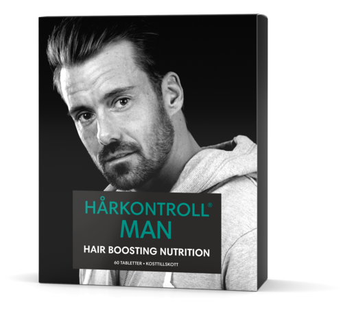 Bokomslag med en mann med stylet hår, tittelen 'HÅRKONTROLL MAN', undertekst 'Hair Boosting Nutrition', 60 tabletter.