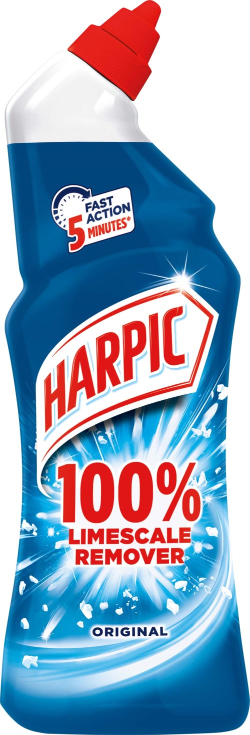 A blue bottle of Harpic bathroom cleaner with a red cap, label says 100% limescale remover, original flavor.