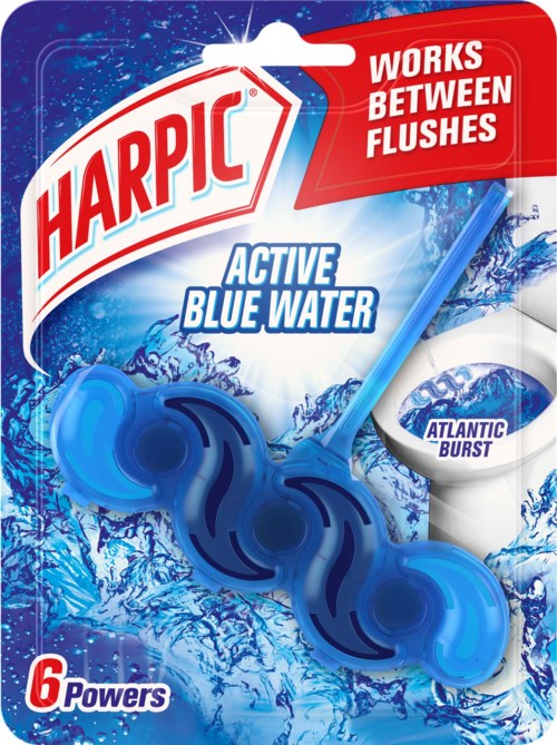 A toilet flush cleaner with a blue water-themed design, highlighting six powers and compatibility with flushing systems.