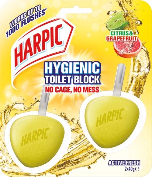 Harpic toilet block with citrus and grapefruit scent, showing two green blocks with sticks, splash design, and product information.