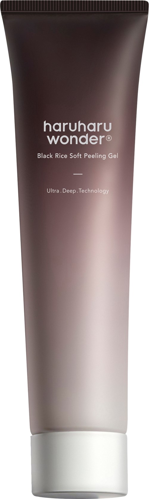 En tube med Haruharu Wonder Black Rice Soft Peeling Gel med gradientdesign fra svart til hvitt.