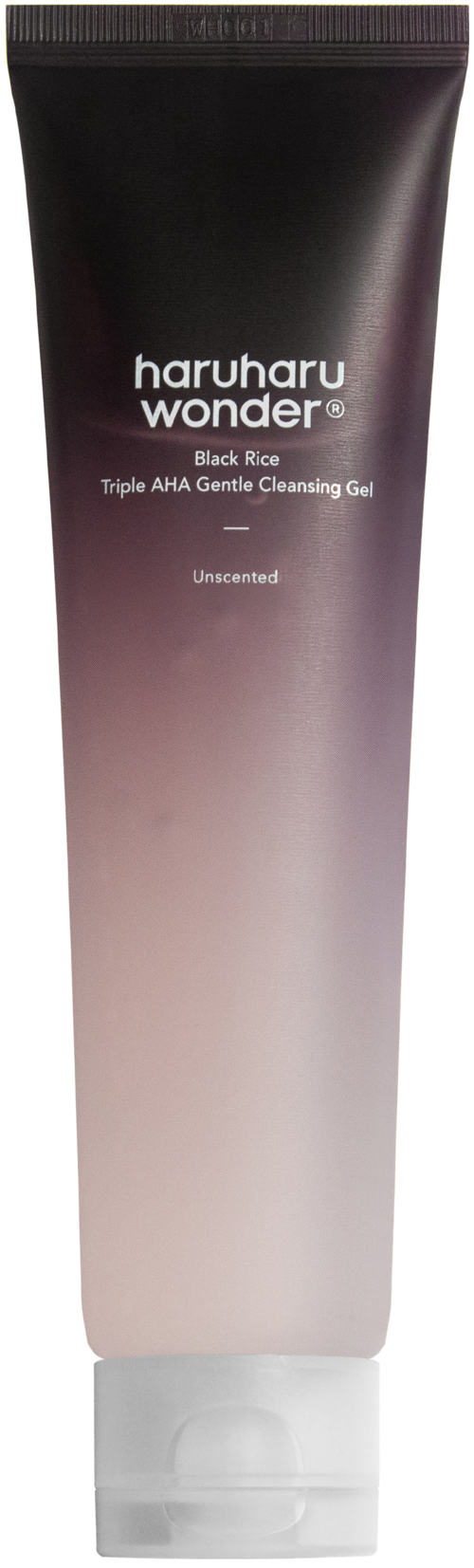 En svartvit tub med ansiktsrengöringsgel från Haruharu Wonder, kallad Black Rice Triple AHA Gentle Cleansing Gel.