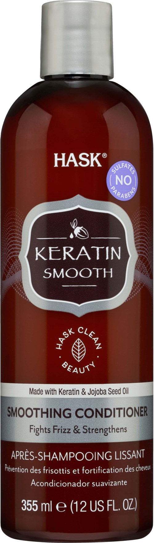 A brown bottle of Hask Keratin Smooth Smoothing Conditioner with silver cap, 355 ml, designed for hair care.