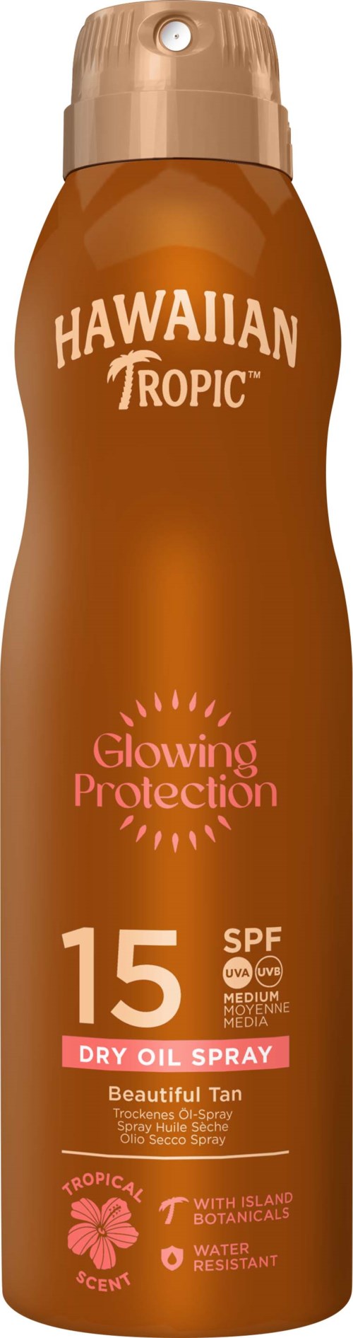 Een zonnensprayfles met SPF 15, Hawaiian Tropic, voor droog olie en zonnen, met tropische bloemen.