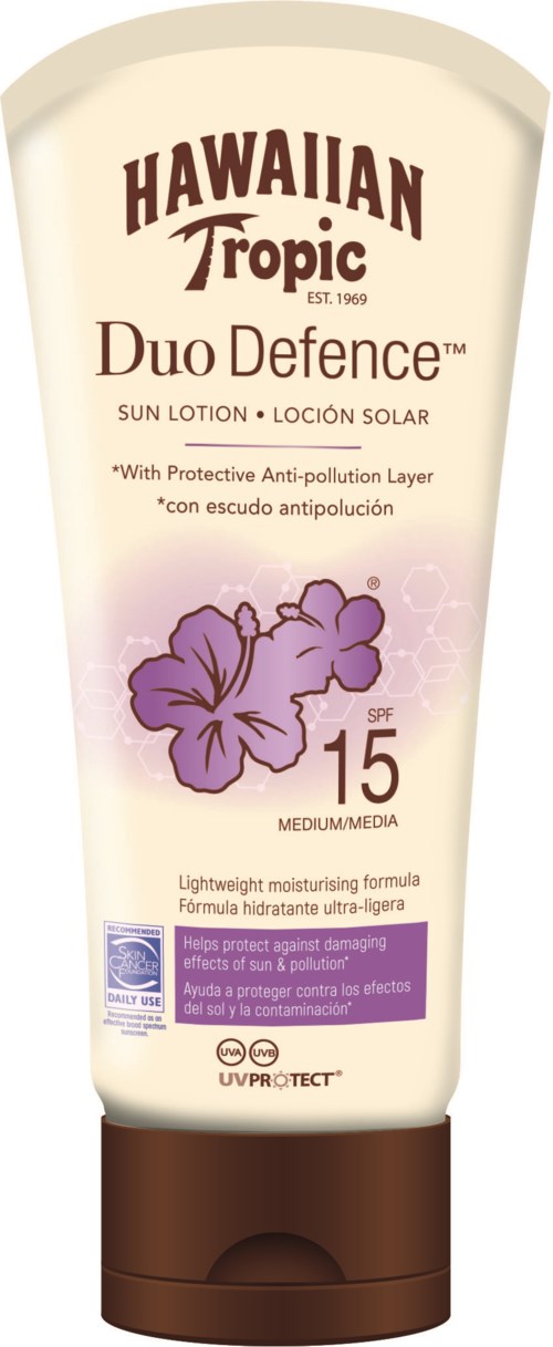 Hawaiian Tropic Duo Defence zonnebrandcrème SPF 15, paarse bloem, lichte moisturizer, beschermende anti-vervuilingslaag.