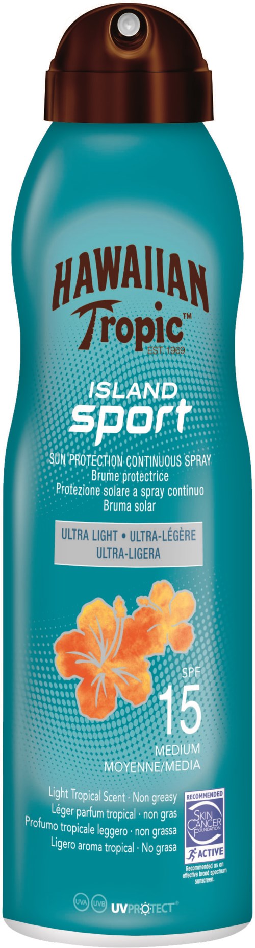 Eine blaue Flasche Hawaiian Tropic Island Sport Sonnencreme mit Orangendesign und SPF 15.