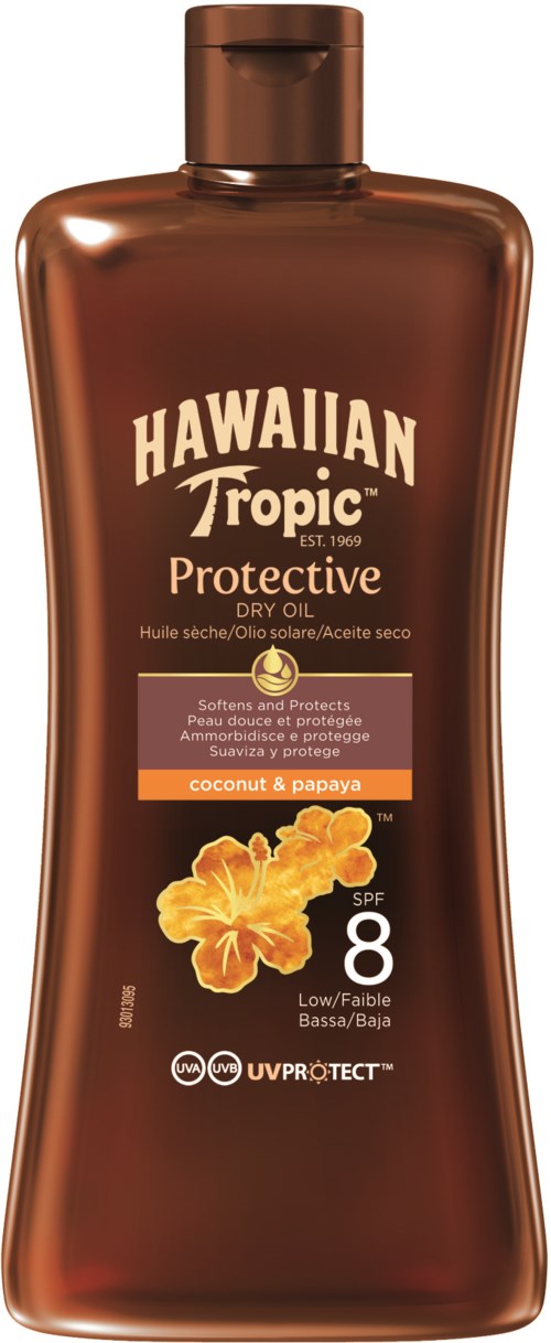 Brązowa butelka Hawaiian Tropic Protectiveness Suchy Olej z kokosem i papają, SPF 8, do ochrony przed słońcem.