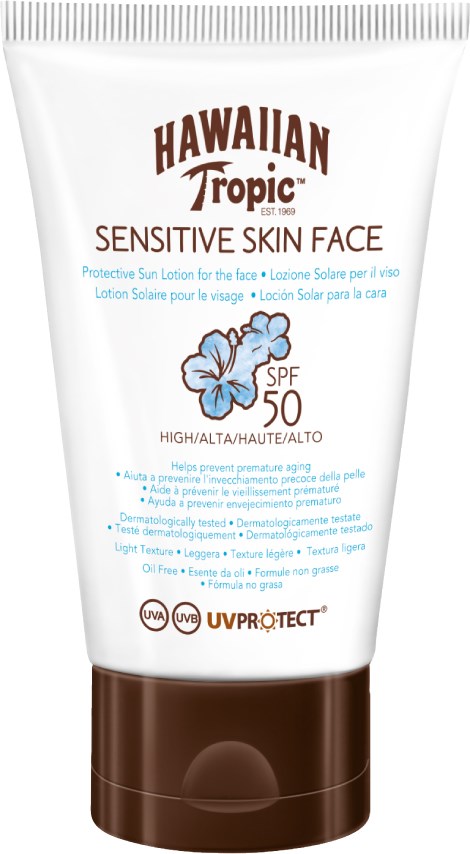 A white tube of Hawaiian Tropic sunscreen for sensitive skin, SPF 50, with a blue hibiscus flower illustration.
