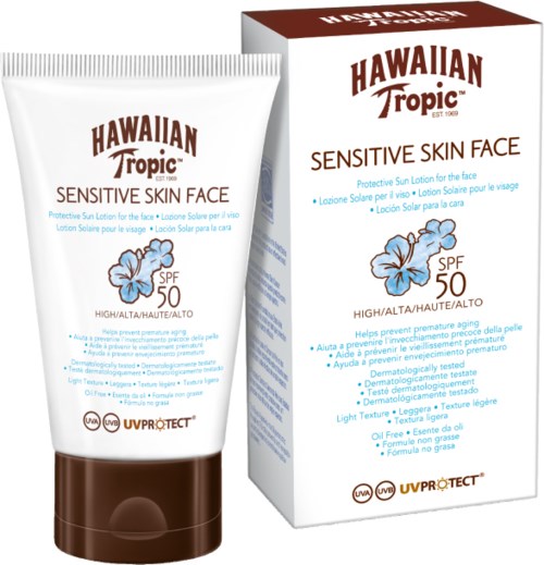 A tube and box of Hawaiian Tropic sensitive skin face lotion with SPF 50, featuring a blue flower illustration.