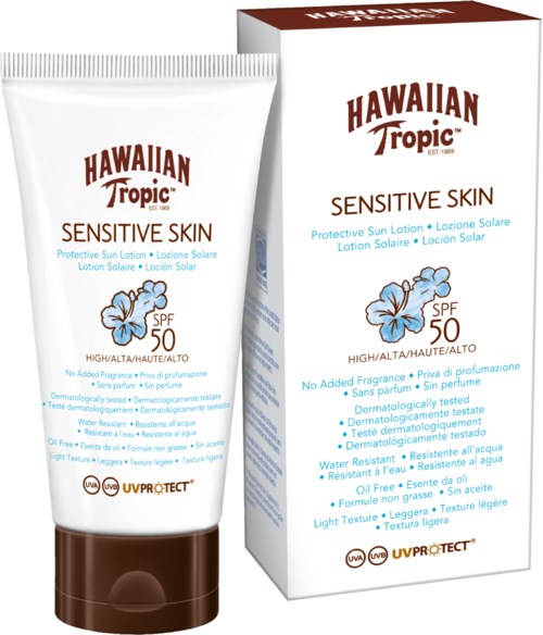 Hawaiian Tropic Sensitive Skin solcreme med SPF 50, i tube og æske, giver solbeskyttelse og er dermatologisk testet.