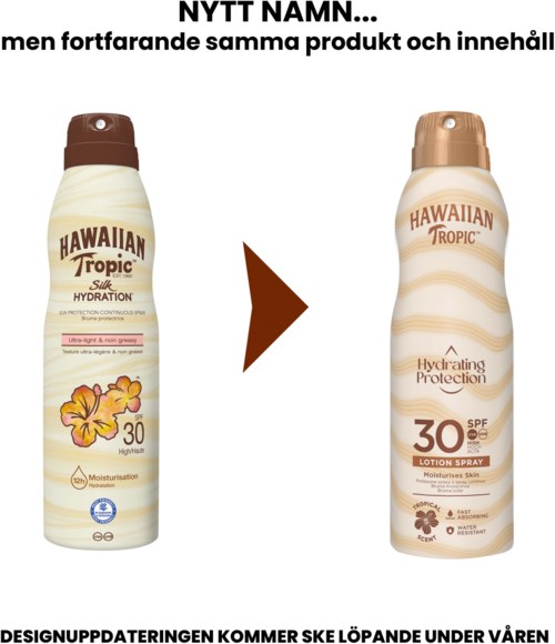 Twee flessen Hawaiian Tropic zonnebrandcrème, één met 'Silk Hydration' en de andere met 'Hydrating Protection', SPF 30.