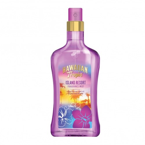 A purple spray bottle labeled Hawaiian Tropic Island Resort Fragrance Mist with tropical flowers and sunset design.