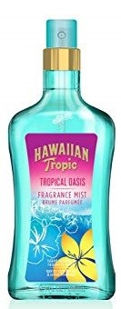 Butelka sprayu w niebiesko-żółtych barwach, oznaczona Hawaiian Tropic, Tropical Oasis, i mgiełka zapachowa.