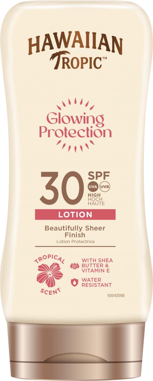 En flaska Hawaiian Tropic-lotion med SPF 30 som skyddar huden med sheasmör, vitamin E och tropisk doft.