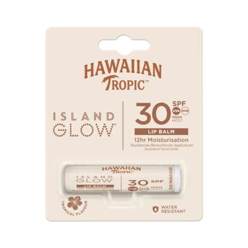 Hawaiian Tropic Island Glow Lippenbalsam mit SPF 30, feuchtigkeitsspendend, wasserfest, tropischer Geschmack Verpackung.