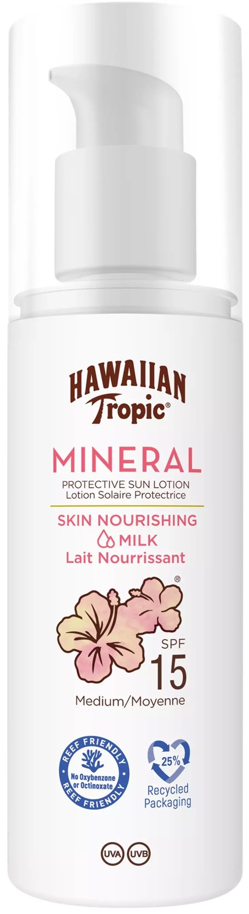 Hawaiian Tropic Mineral zonbescherming met SPF 15, zonder melk, huid verzorgend, in witte fles met roze bloem.