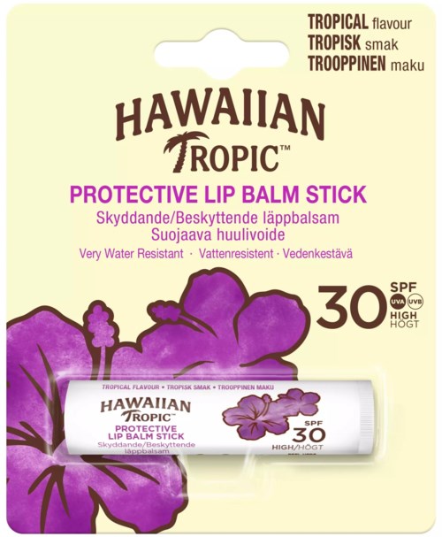 Balsam do ust Hawaiian Tropic w sztyfcie z fioletowymi kwiatami hibiskusa, SPF 30 i wodoodporne.