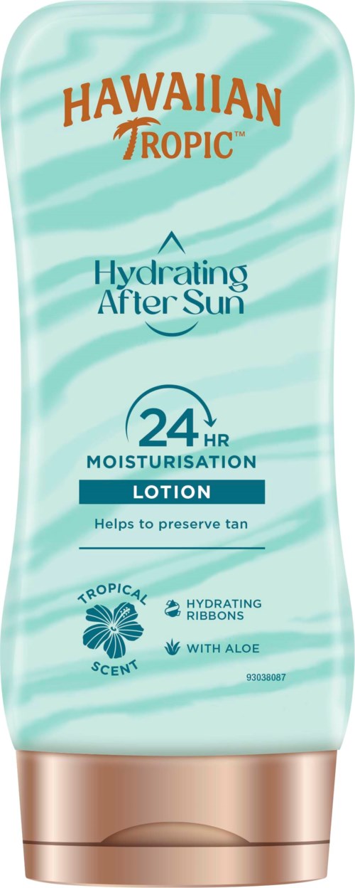 Hawaiian Tropic-lotion in lichtblauwe fles met bruine dop en zonbeschermingsinformatie. Het helpt om je bruine teint te behouden en de huid te hydrateren.