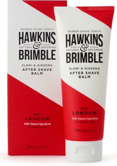 En rød og hvid tube og æske med Hawkins & Brimble after shave balm med naturlige ingredienser til følsom hud.