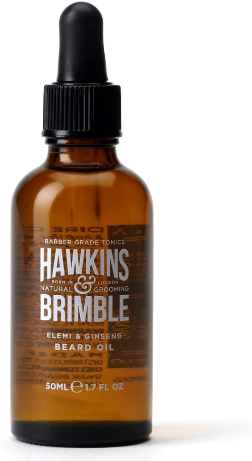En brun glasflaska med svart droppare, märkt Hawkins Brimble skäggolja, innehåller 50 ml.
