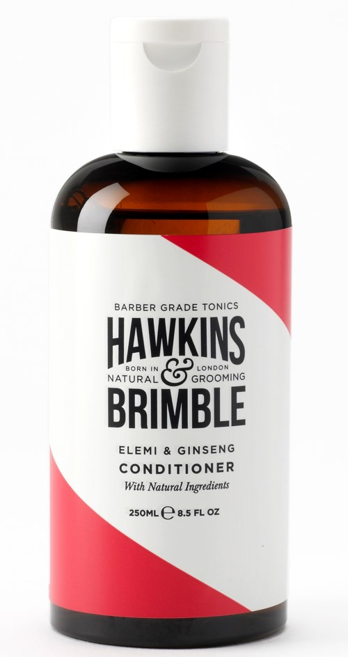 Hårvårdsbalsamflaska märkt Hawkins & Brimble med naturliga ingredienser, Elemi och Ginseng, i 250 ml storlek.