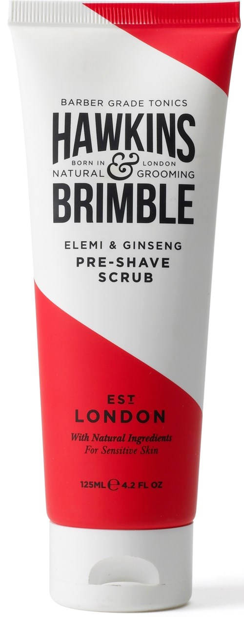 Rödvit tub med Hawkins & Brimble pre-shave scrubb med naturliga ingredienser för lenare hud.