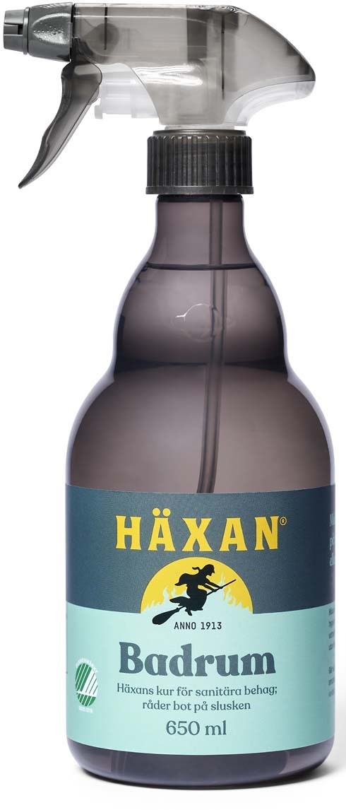 Butelka spray oznaczona 'HÄKAN Badrum' do czyszczenia łazienek, pojemność 650 ml. Butelka jest szara z czarną nakrętką i dyszą do spryskiwania.