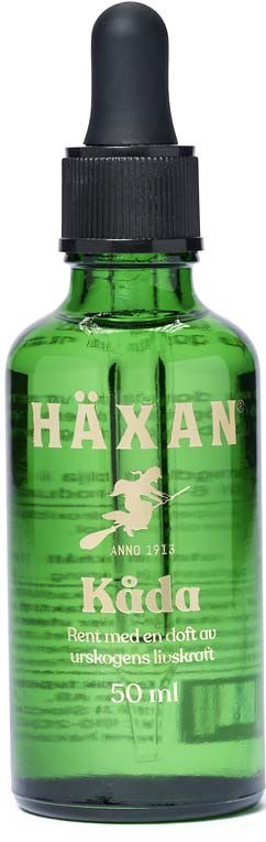 Grön glas dropper-flaska med vit text och kaninlogo. Innehåller en flytande produkt som heter Kӓda. 50 ml storlek.