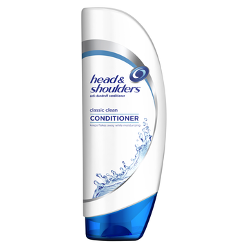 En vit flaska med blå och grå design, märkt Head & Shoulders classic clean balsam med vattenstänk grafik.