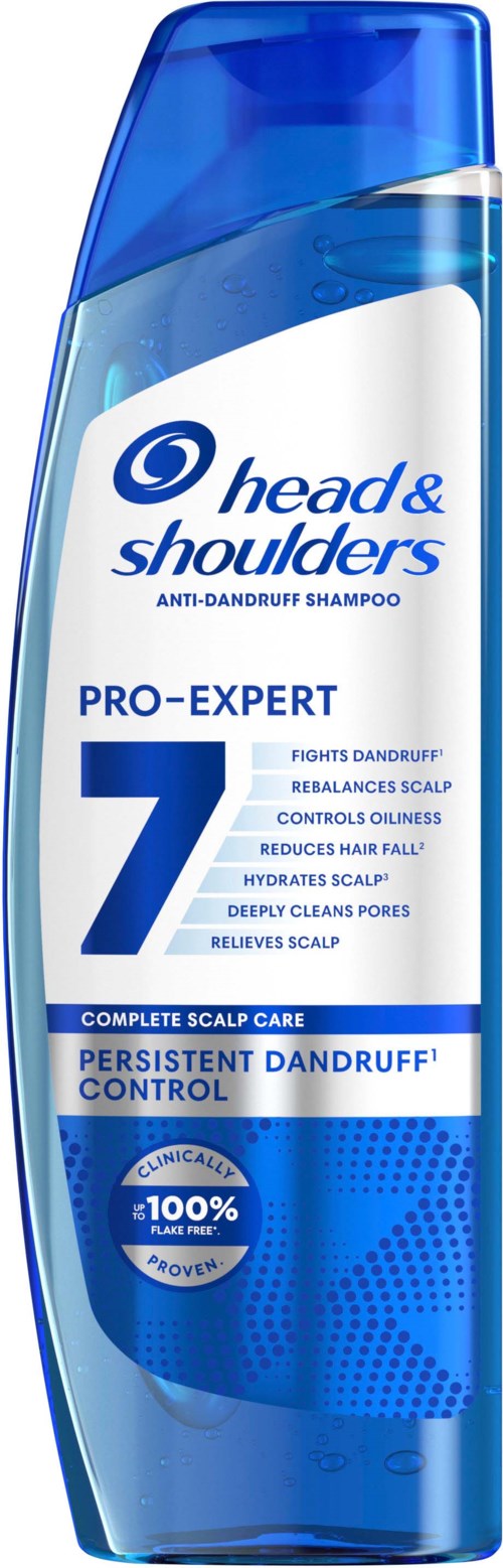 A blue and white shampoo bottle from Head & Shoulders, designed for dandruff control and scalp care.
