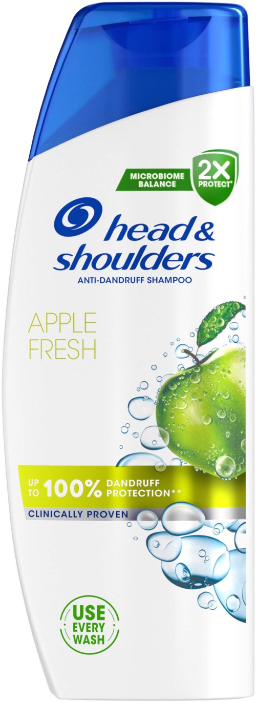 Head & Shoulders shampoon pullo, jossa lukee Apple Fresh ja sininen kansi, kuva vihreästä omenasta.