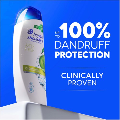 A bottle of Head & Shoulders shampoo with text about dandruff protection and clinical proof.