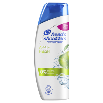 En flaska med Head & Shoulders schampo med äpplesmak, blå och vit flaska, 0% parametrar och en färsk äpplebild.
