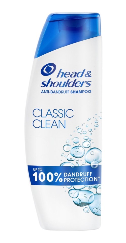 En vit och blå flaska med Head & Shoulders schampo med bubblor och text om mjällskydd.