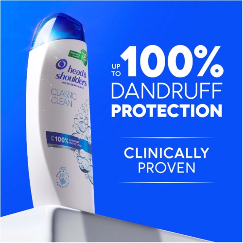 Eine Shampoo-Flasche mit blauer Kappe, die gegen Schuppen schützt, zeigt 100% Wirksamkeit und klinische Nachweise.