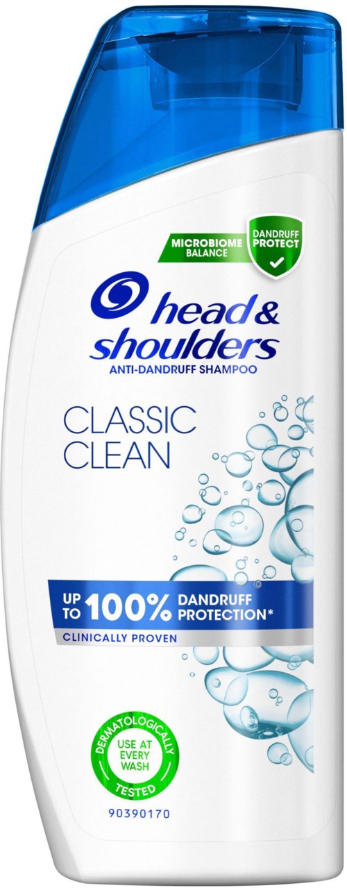 A shampoo bottle with blue, white, and green colors, showing the head & shoulders logo and product details.