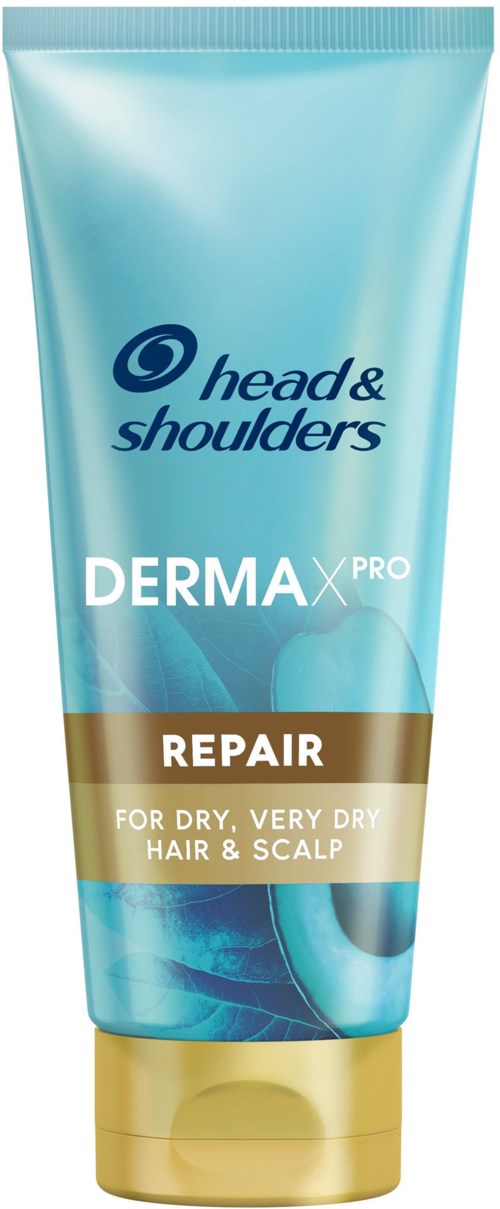 En tub med Head & Shoulders Derma X Pro Repair schampo för torrt hår och hårbotten.